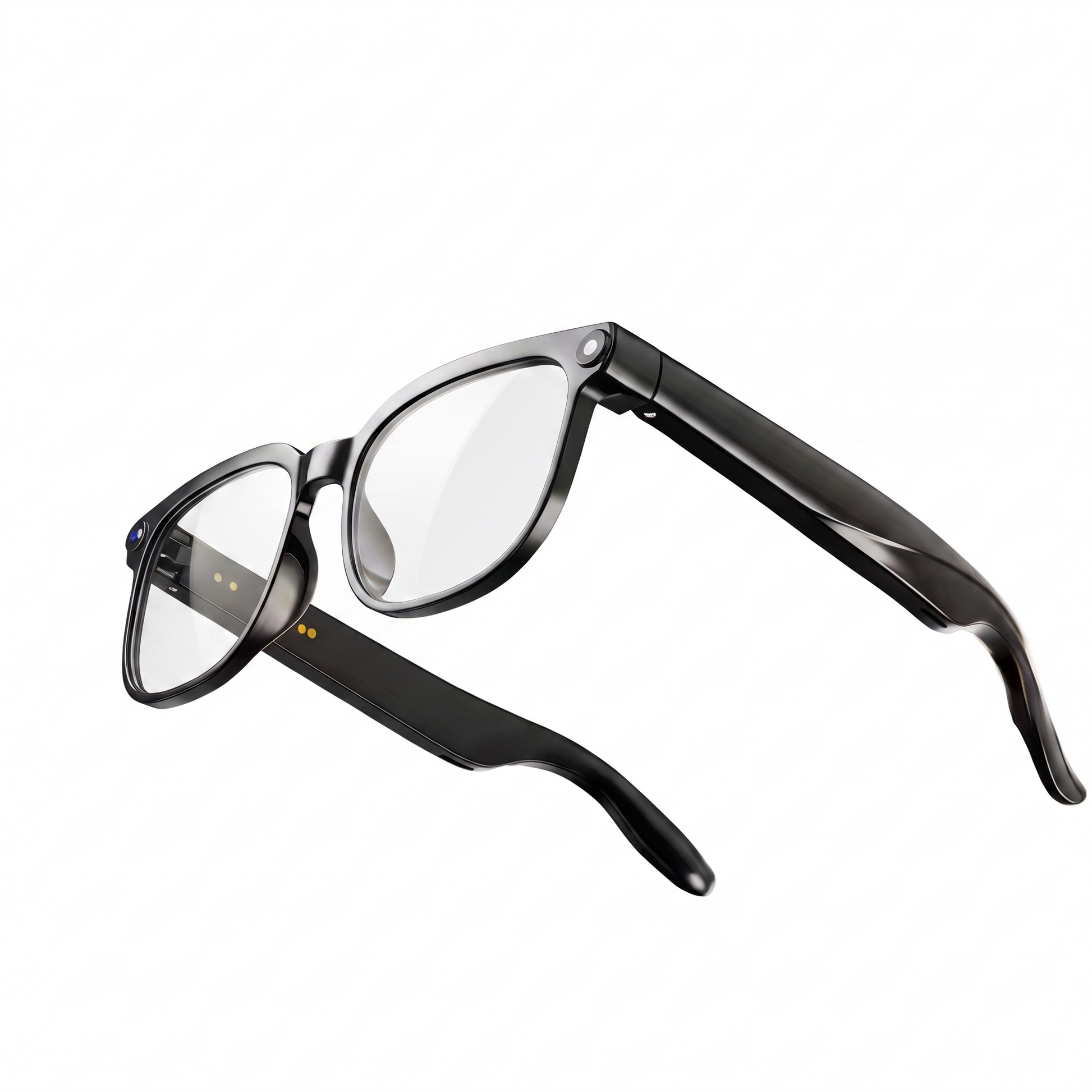 Black smart glasses with clear lenses, shown at an angle on a solid white background.