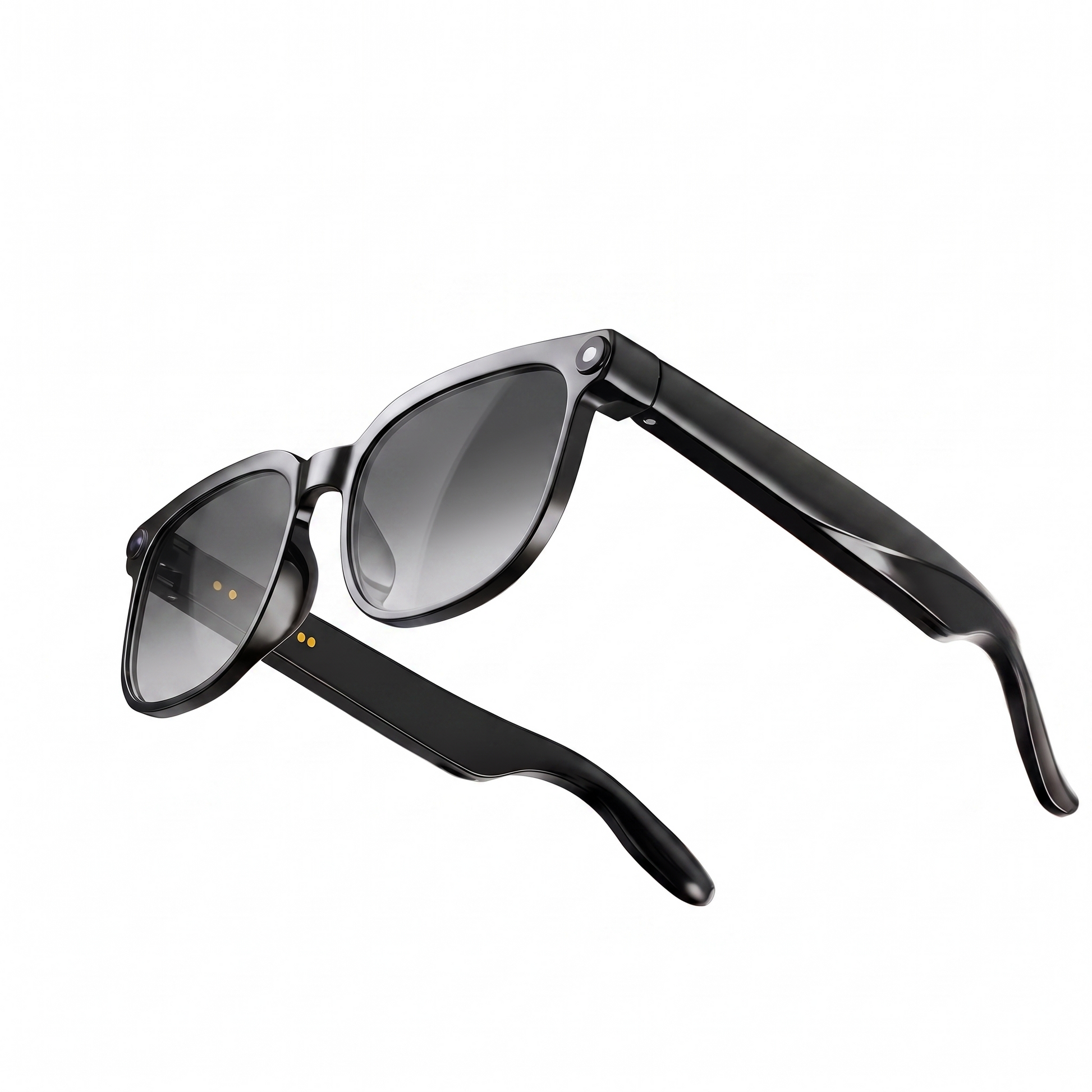 Black smart sunglasses with a foldable design, shown on a clean white background.