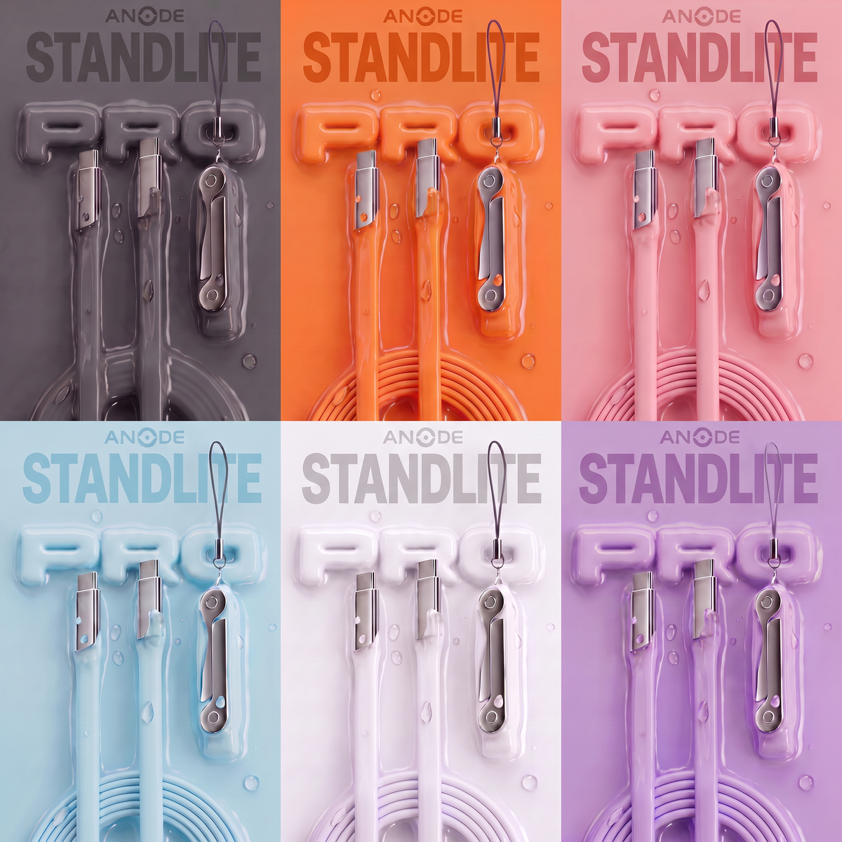 ANODE StandLite Pro charging cables and folding phone stands in six colours, shown in a two-by-three grid.